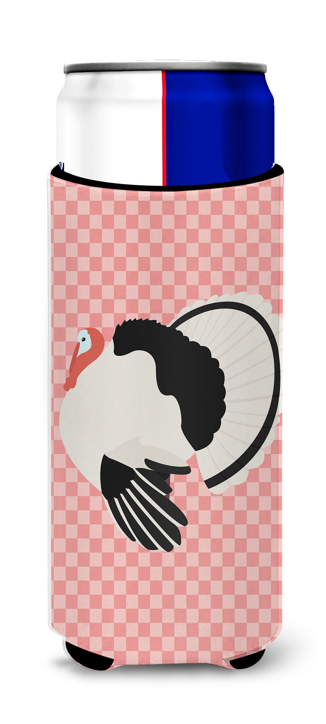 Royal Palm Turkey Pink Check Slim Can Hugger , Insulated Foam Hugger for 12 oz Slim Cans, Beer Bottles & Water Bottles, Printed in USA