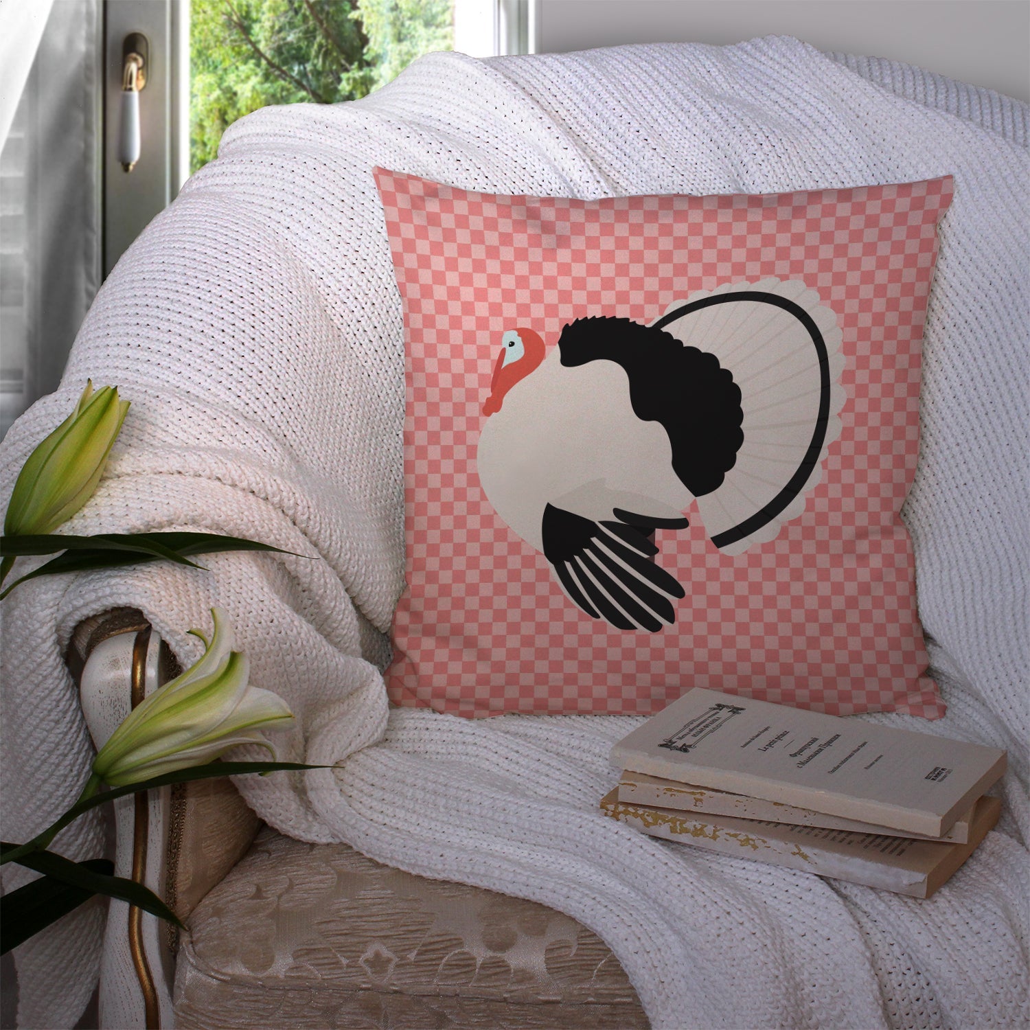 Royal Palm Turkey Pink Check Decorative Throw Pillow 14x14 Indoor Outdoor Accent Cushion, Fabric Cover with Insert for Sofa, Bed, Porch & Living Room