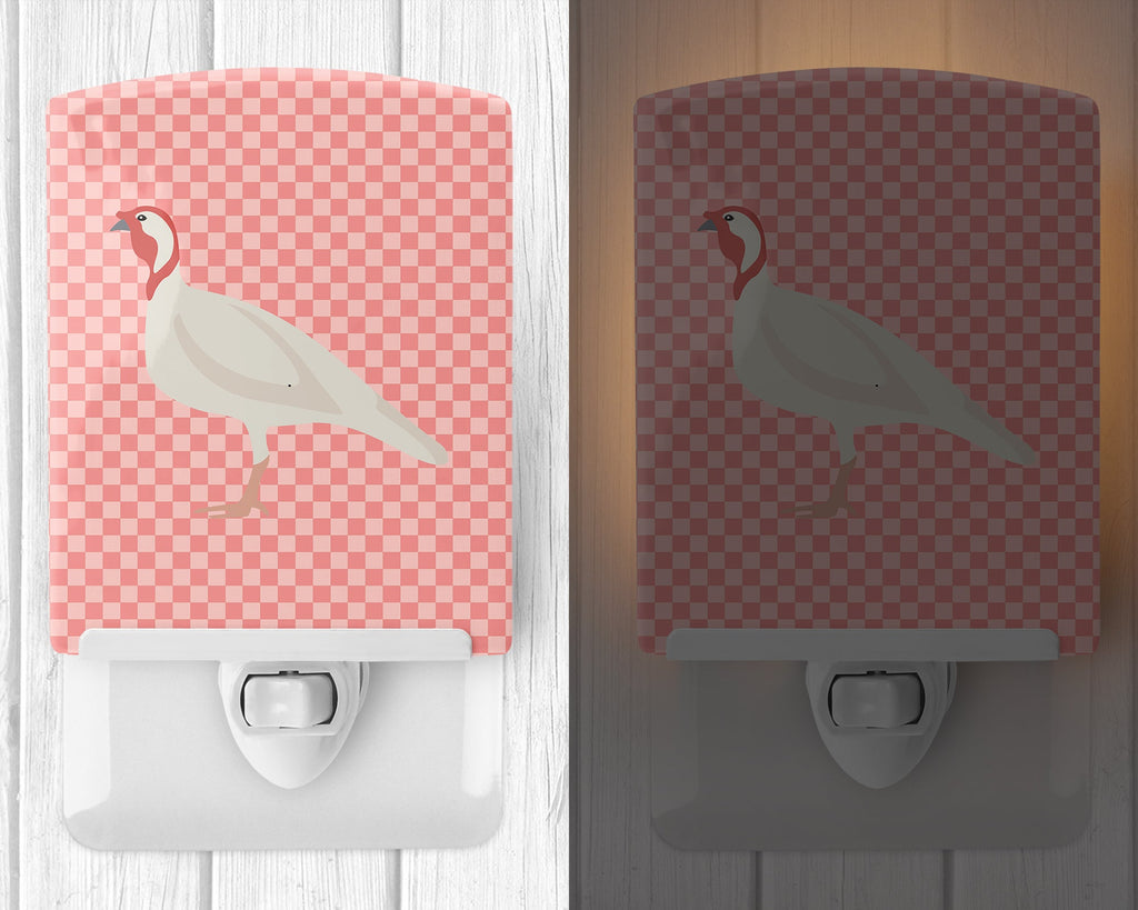 Beltsville Small White Turkey Hen Pink Check Ceramic Night Light Compact, UL-Certified, Ideal for Bedroom, Bathroom, Nursery, Hallway, Kitchen, 6x4x3, Multicolor