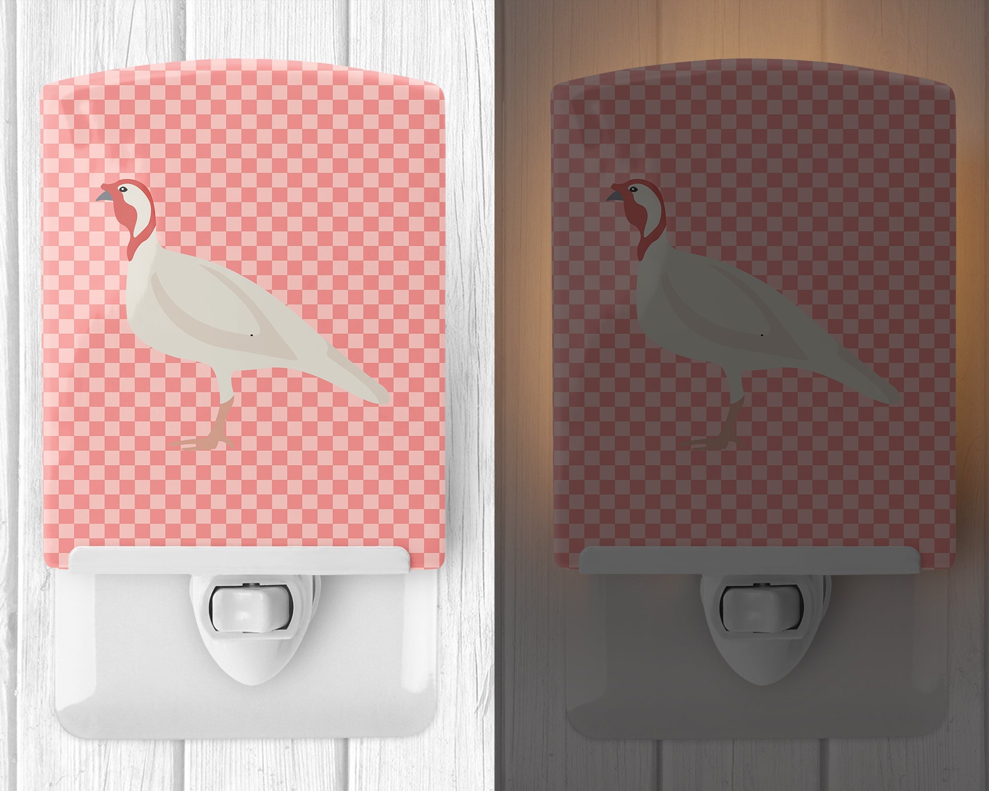 Beltsville Small White Turkey Hen Pink Check Ceramic Night Light Compact, UL-Certified, Ideal for Bedroom, Bathroom, Nursery, Hallway, Kitchen, 6x4x3, Multicolor