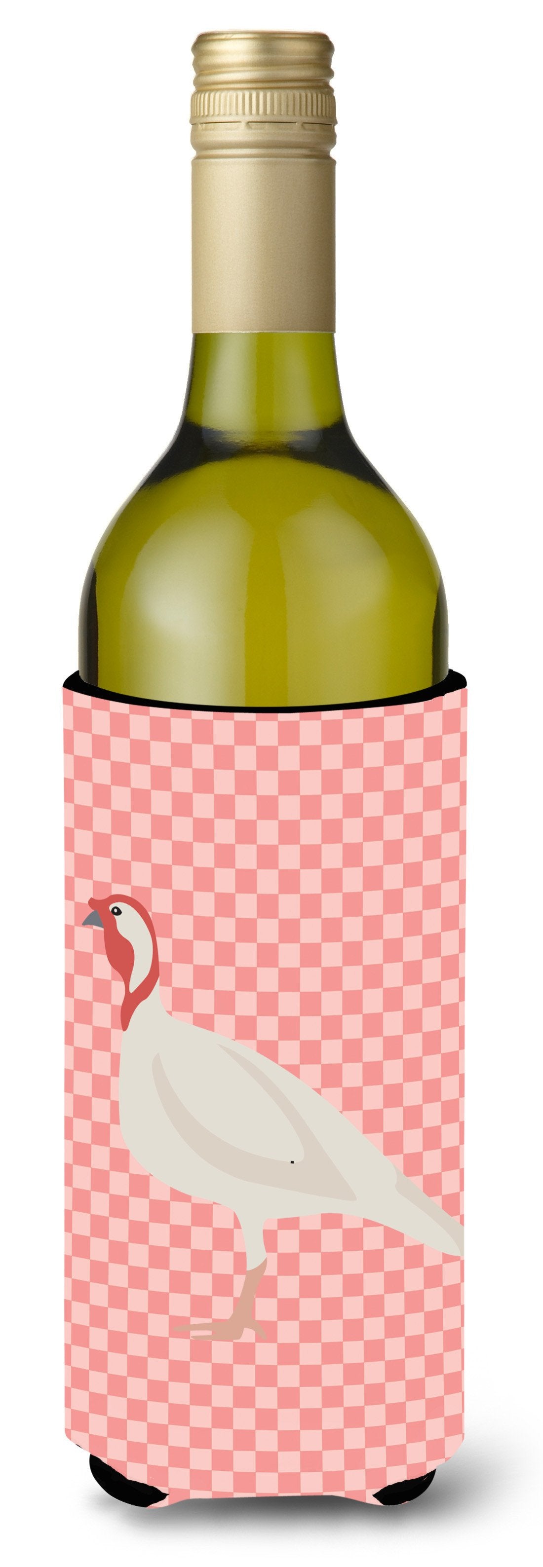 Beltsville Small White Turkey Hen Pink Check Wine Bottle Hugger Gift Sleeve for Standard 750 ml Bottles, Insulated Reusable Also Fits Mini Shot & Pint Bottles