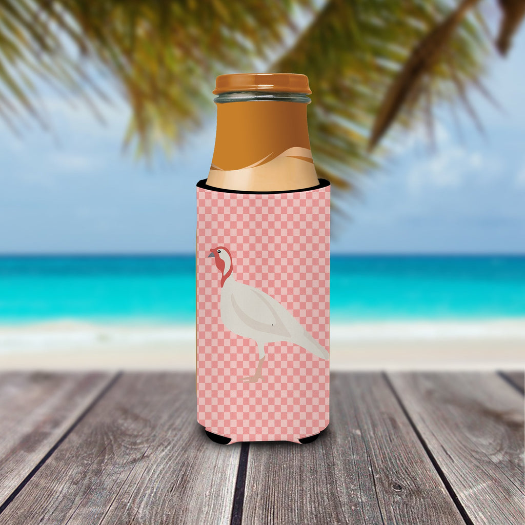 Beltsville Small White Turkey Hen Pink Check Slim Can Hugger , Insulated Foam Hugger for 12 oz Slim Cans, Beer Bottles & Water Bottles, Printed in USA
