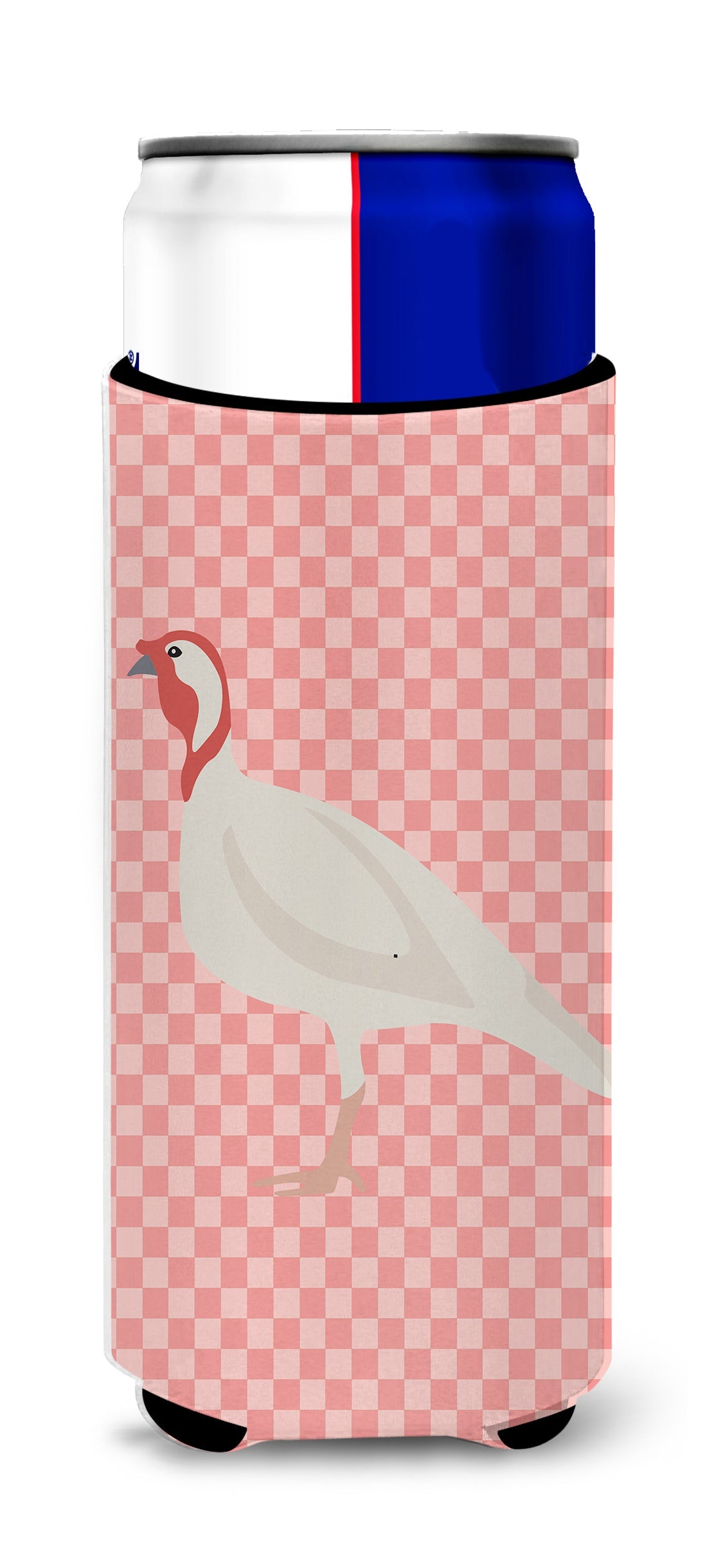 Beltsville Small White Turkey Hen Pink Check Slim Can Hugger , Insulated Foam Hugger for 12 oz Slim Cans, Beer Bottles & Water Bottles, Printed in USA