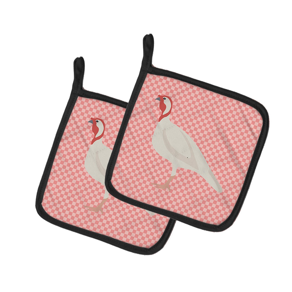Beltsville Small White Turkey Hen Pink Check Pot Holder Set of 2 Heat Resistant Quilted Hot Pads 7.5 x 7.5 Inch, Insulated Kitchen Trivets for Cooking & Baking