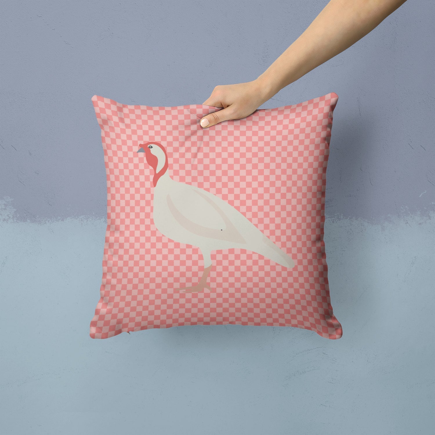 Beltsville Small White Turkey Hen Pink Check Decorative Throw Pillow 14x14 Indoor Outdoor Accent Cushion, Fabric Cover with Insert for Sofa, Bed, Porch & Living Room