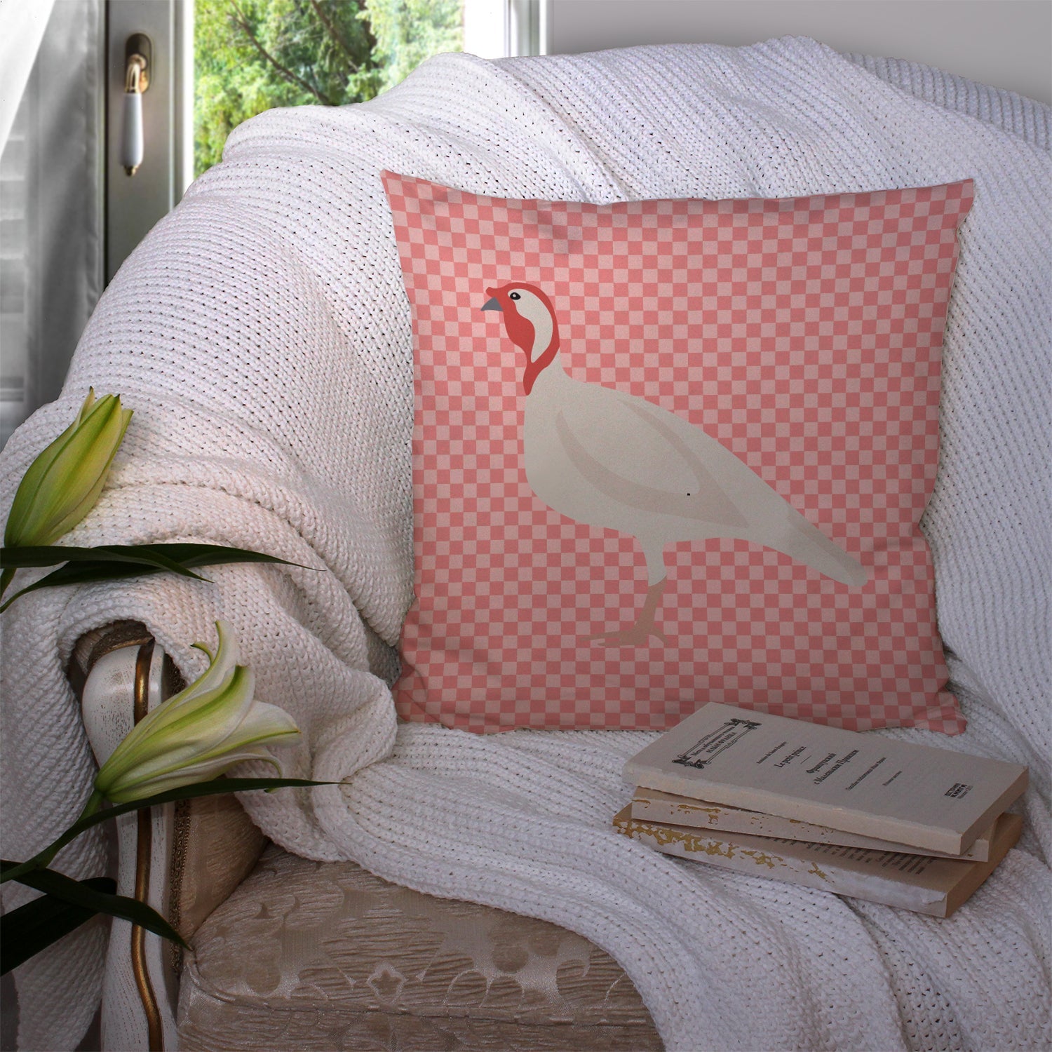 Beltsville Small White Turkey Hen Pink Check Decorative Throw Pillow 14x14 Indoor Outdoor Accent Cushion, Fabric Cover with Insert for Sofa, Bed, Porch & Living Room