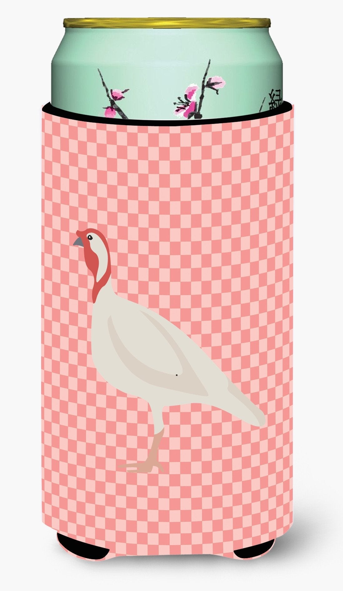 Beltsville Small White Turkey Hen Pink Check Tall Boy Hugger Can Cooler Sleeve Machine Washable Drink Collapsible Insulator Beverage Insulated Holder