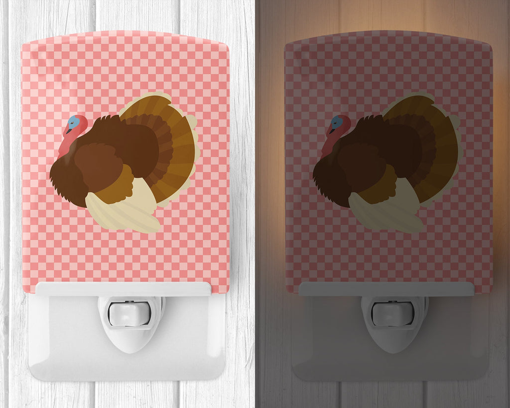 French Turkey Dindon Pink Check Ceramic Night Light Compact, UL-Certified, Ideal for Bedroom, Bathroom, Nursery, Hallway, Kitchen, 6x4x3, Multicolor