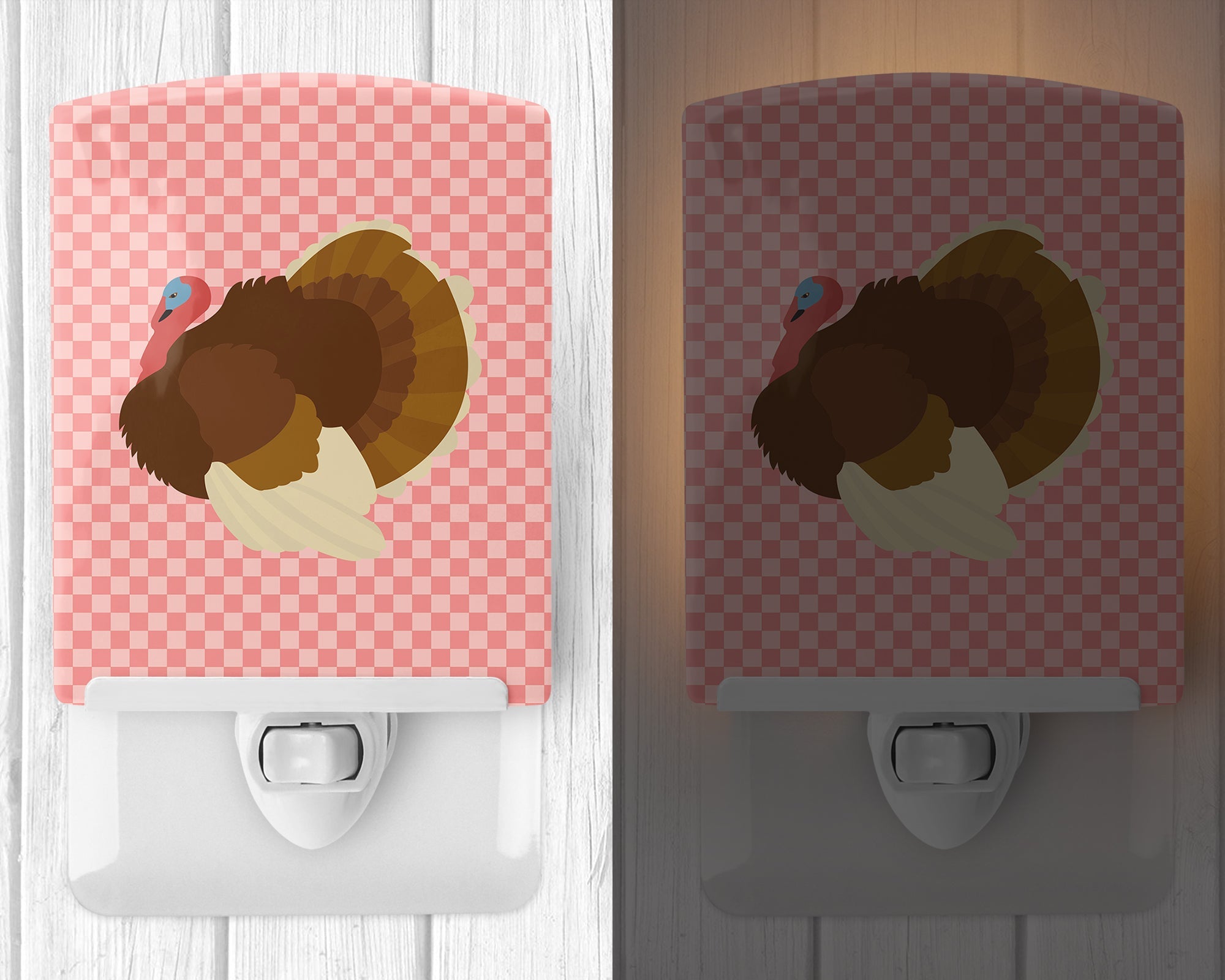 French Turkey Dindon Pink Check Ceramic Night Light Compact, UL-Certified, Ideal for Bedroom, Bathroom, Nursery, Hallway, Kitchen, 6x4x3, Multicolor