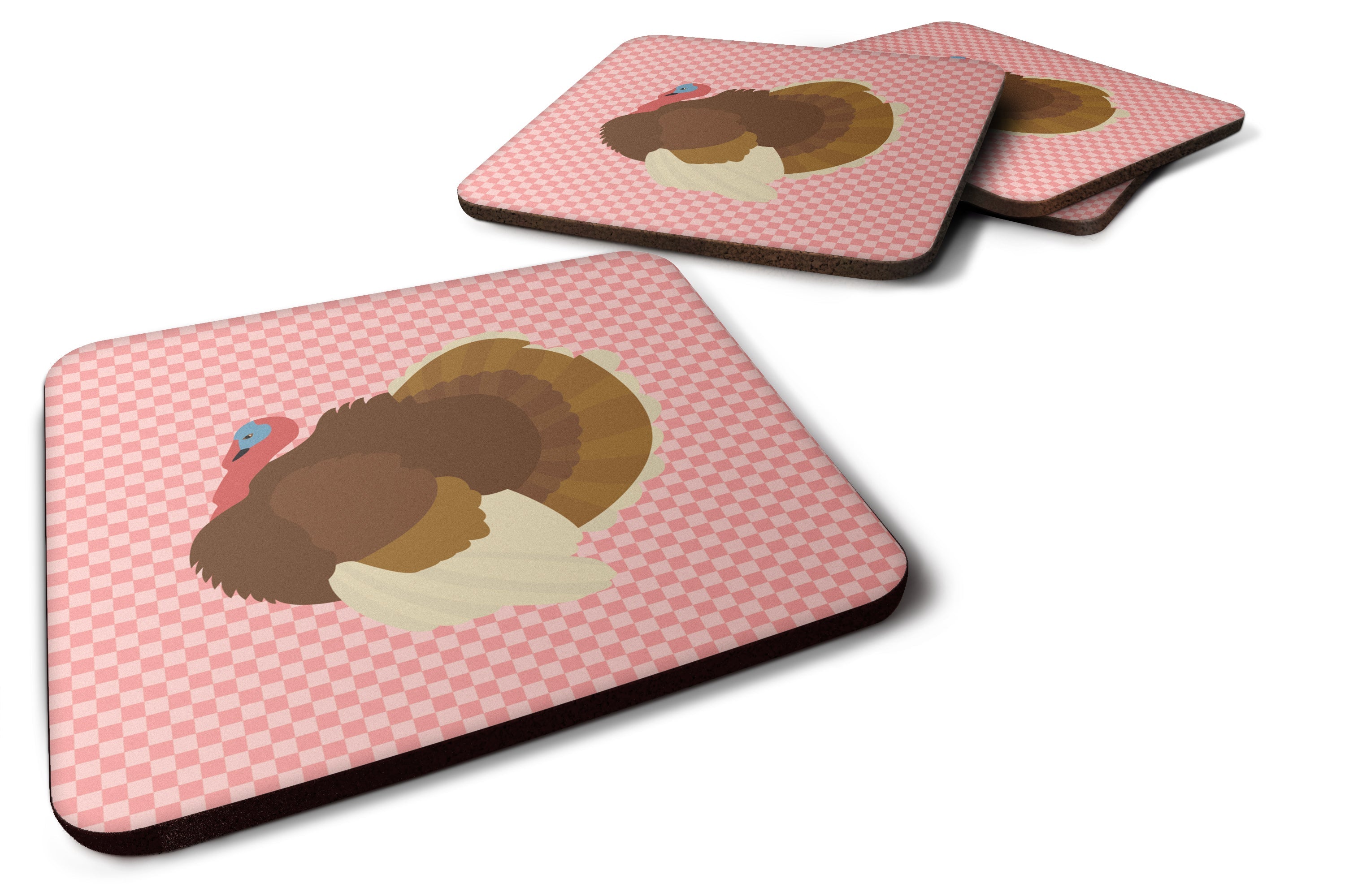 French Turkey Dindon Pink Check Foam Coasters Set of 4 Cup Coasters for Indoor Outdoor, Tabletop Protection, Anti Slip, Mouse pad Material