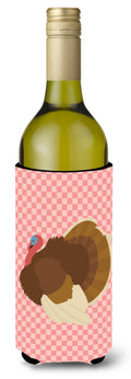 French Turkey Dindon Pink Check Wine Bottle Hugger Gift Sleeve for Standard 750 ml Bottles, Insulated Reusable Also Fits Mini Shot & Pint Bottles