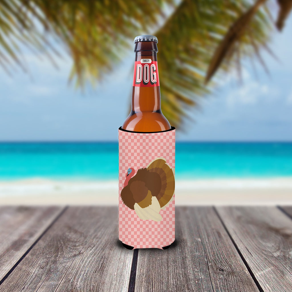 French Turkey Dindon Pink Check Slim Can Hugger , Insulated Foam Hugger for 12 oz Slim Cans, Beer Bottles & Water Bottles, Printed in USA