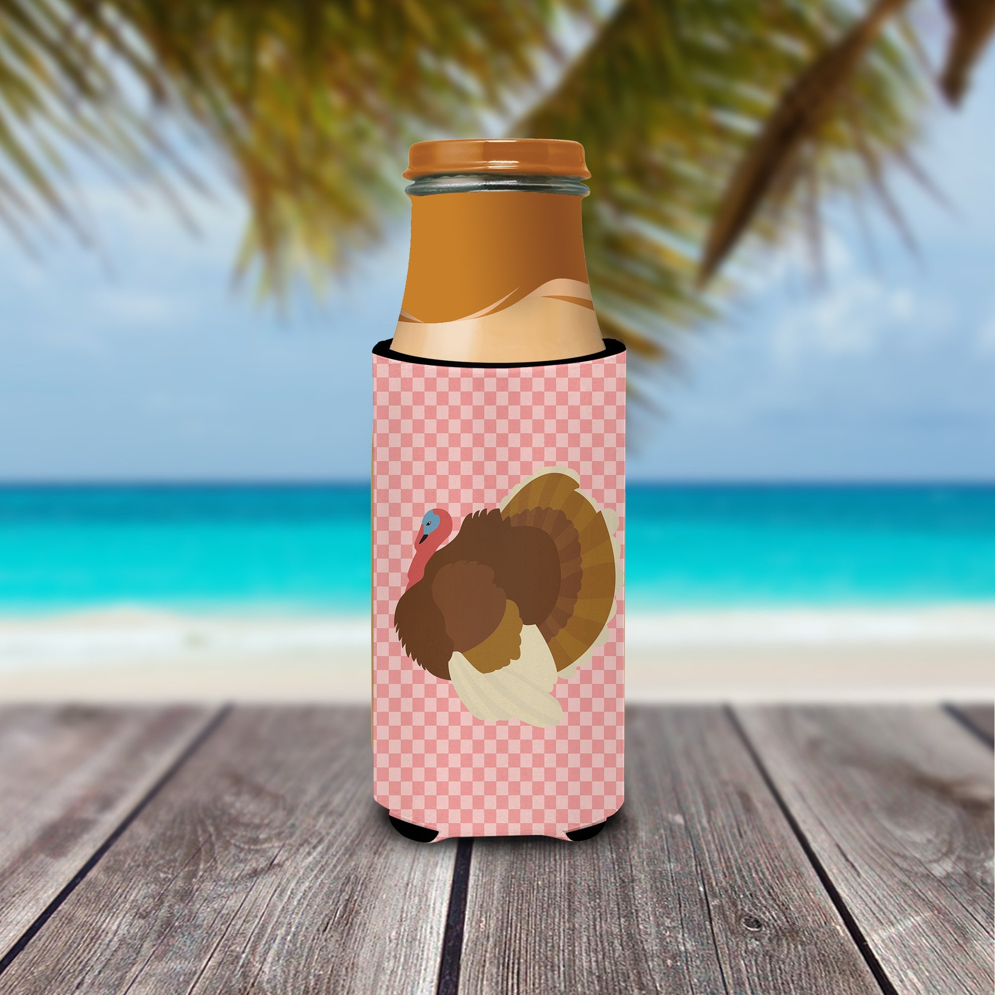 French Turkey Dindon Pink Check Slim Can Hugger , Insulated Foam Hugger for 12 oz Slim Cans, Beer Bottles & Water Bottles, Printed in USA