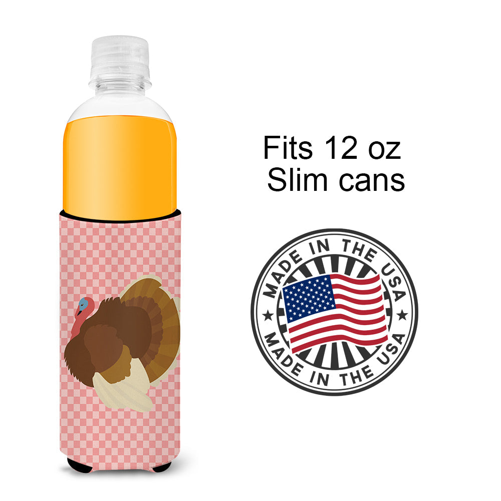 French Turkey Dindon Pink Check Slim Can Hugger , Insulated Foam Hugger for 12 oz Slim Cans, Beer Bottles & Water Bottles, Printed in USA