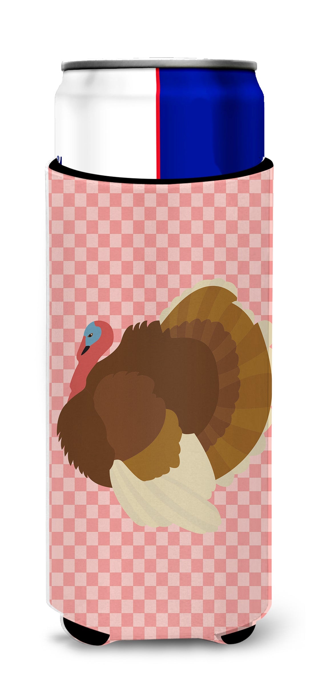 French Turkey Dindon Pink Check Slim Can Hugger , Insulated Foam Hugger for 12 oz Slim Cans, Beer Bottles & Water Bottles, Printed in USA
