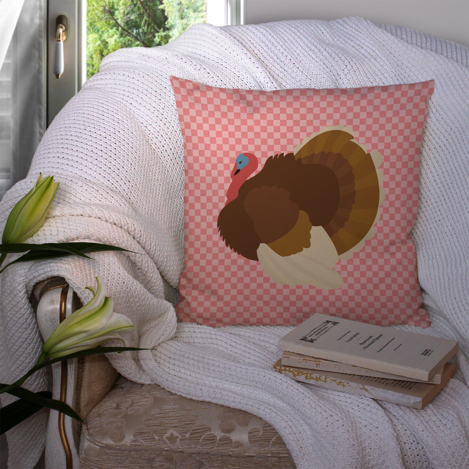 French Turkey Dindon Pink Check Decorative Throw Pillow 14x14 Indoor Outdoor Accent Cushion, Fabric Cover with Insert for Sofa, Bed, Porch & Living Room