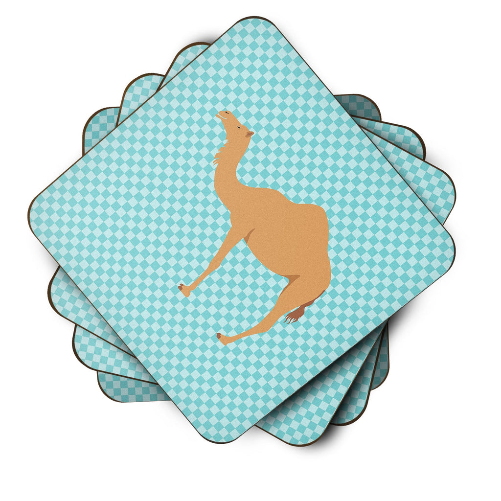 Arabian Camel Dromedary Blue Check Foam Coasters Set of 4 Cup Coasters for Indoor Outdoor, Tabletop Protection, Anti Slip, Mouse pad Material