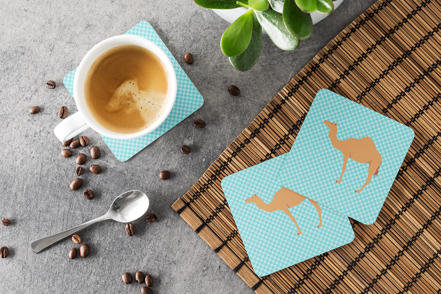 Arabian Camel Dromedary Blue Check Foam Coasters Set of 4 Cup Coasters for Indoor Outdoor, Tabletop Protection, Anti Slip, Mouse pad Material