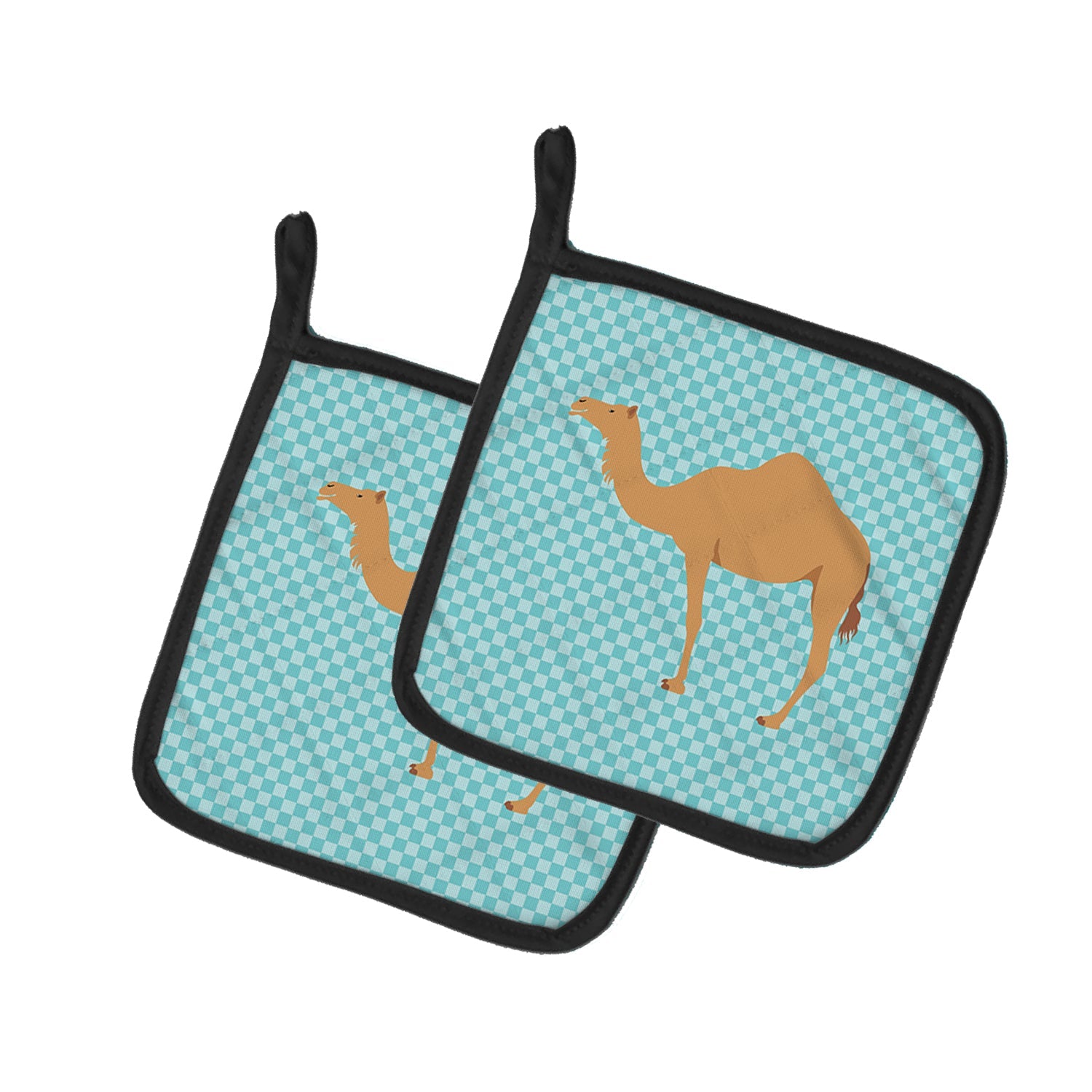 Arabian Camel Dromedary Blue Check Pot Holder Set of 2 Heat Resistant Quilted Hot Pads 7.5 x 7.5 Inch, Insulated Kitchen Trivets for Cooking & Baking