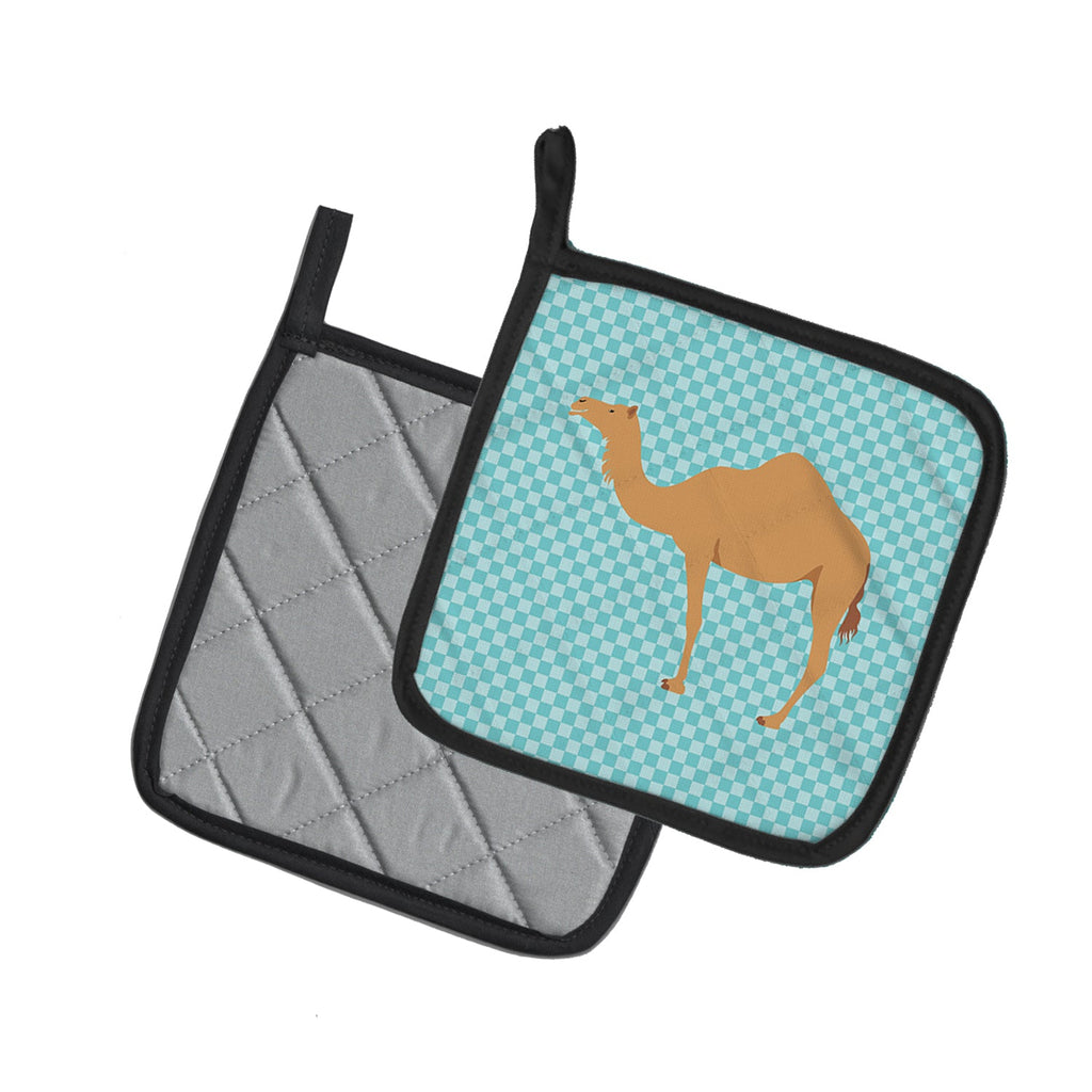 Arabian Camel Dromedary Blue Check Pot Holder Set of 2 Heat Resistant Quilted Hot Pads 7.5 x 7.5 Inch, Insulated Kitchen Trivets for Cooking & Baking