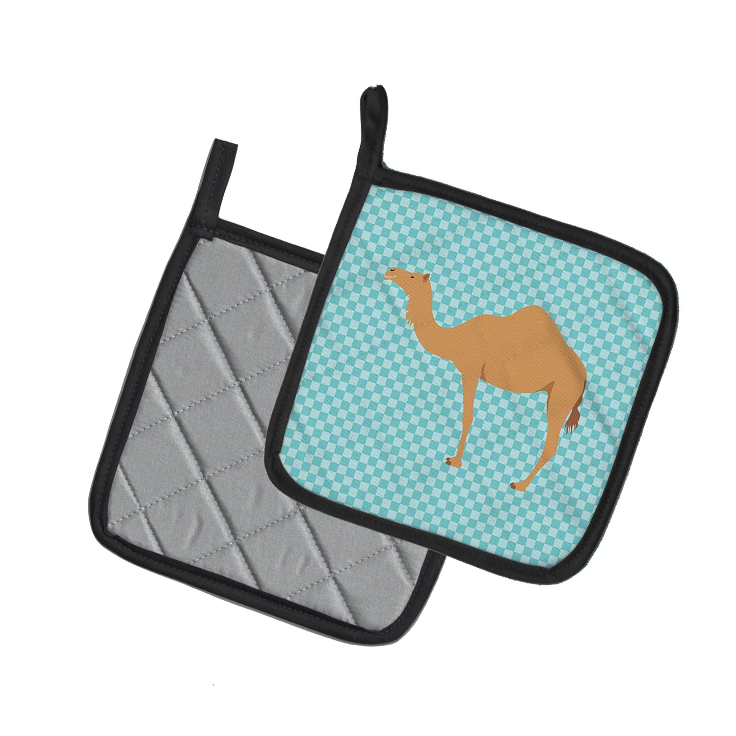 Arabian Camel Dromedary Blue Check Pot Holder Set of 2 Heat Resistant Quilted Hot Pads 7.5 x 7.5 Inch, Insulated Kitchen Trivets for Cooking & Baking