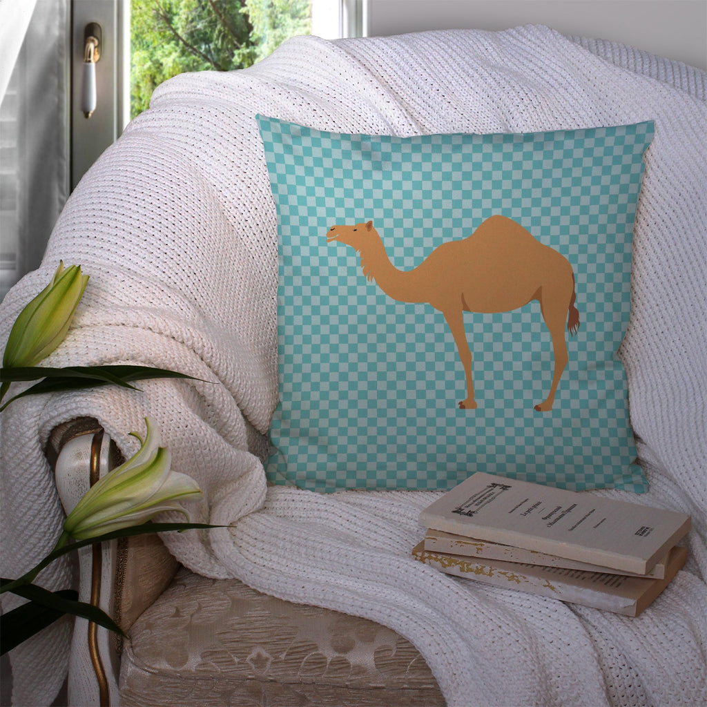 Arabian Camel Dromedary Blue Check Decorative Throw Pillow 14x14 Indoor Outdoor Accent Cushion, Fabric Cover with Insert for Sofa, Bed, Porch & Living Room