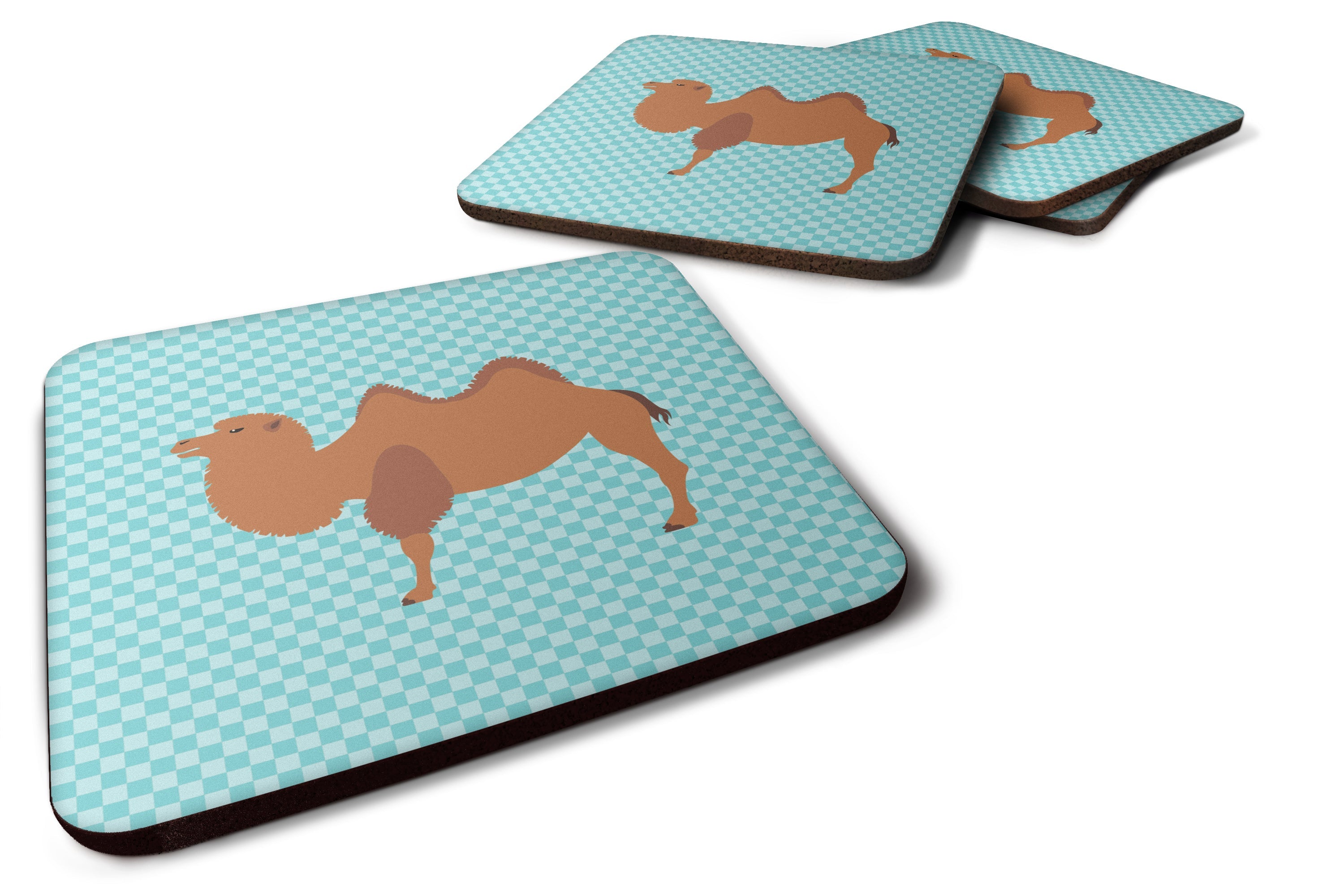 Bactrian Camel Blue Check Foam Coasters Set of 4 Cup Coasters for Indoor Outdoor, Tabletop Protection, Anti Slip, Mouse pad Material