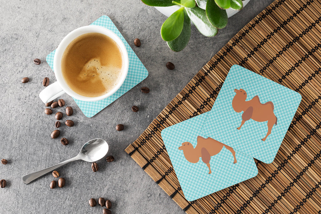 Bactrian Camel Blue Check Foam Coasters Set of 4 Cup Coasters for Indoor Outdoor, Tabletop Protection, Anti Slip, Mouse pad Material