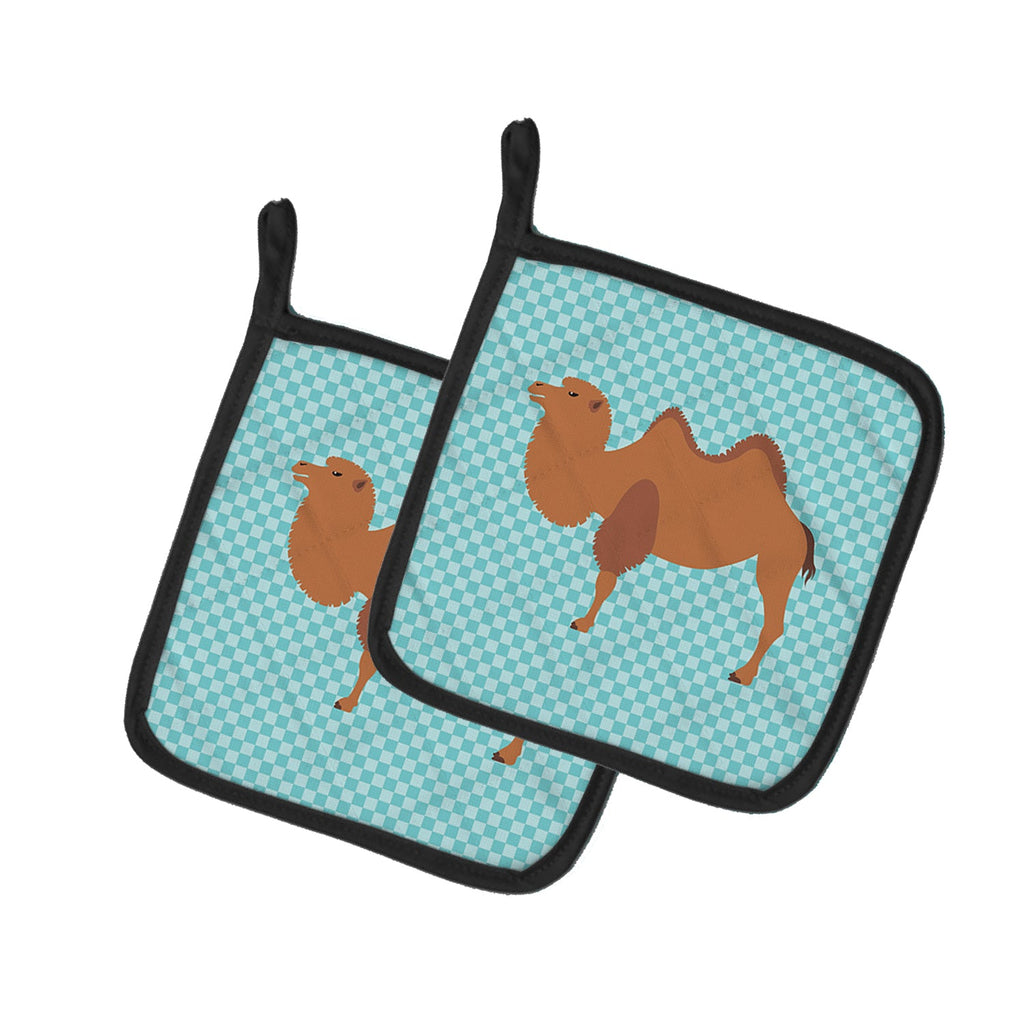 Bactrian Camel Blue Check Pot Holder Set of 2 Heat Resistant Quilted Hot Pads 7.5 x 7.5 Inch, Insulated Kitchen Trivets for Cooking & Baking