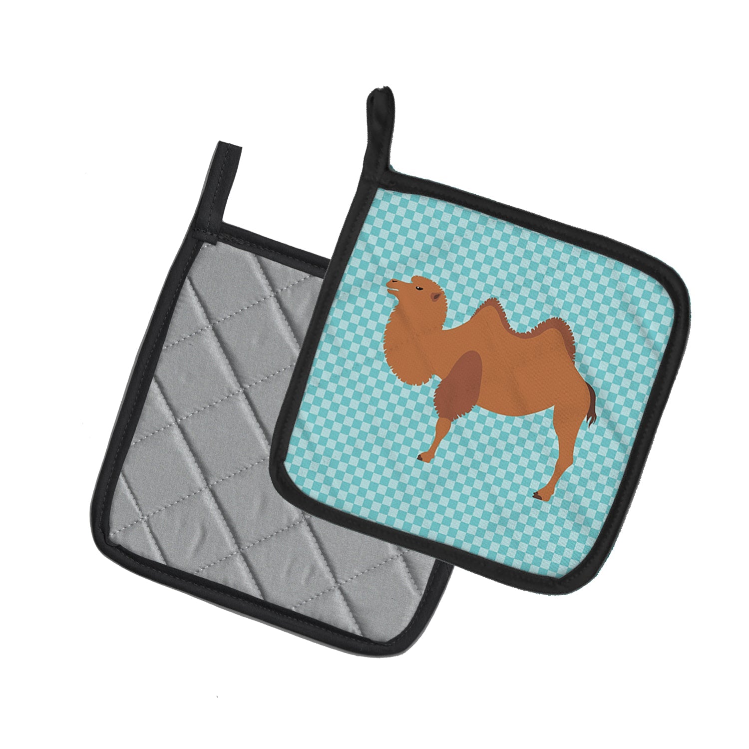 Bactrian Camel Blue Check Pot Holder Set of 2 Heat Resistant Quilted Hot Pads 7.5 x 7.5 Inch, Insulated Kitchen Trivets for Cooking & Baking