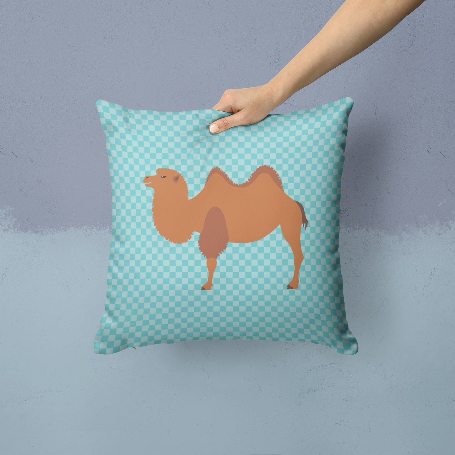 Bactrian Camel Blue Check Decorative Throw Pillow 14x14 Indoor Outdoor Accent Cushion, Fabric Cover with Insert for Sofa, Bed, Porch & Living Room