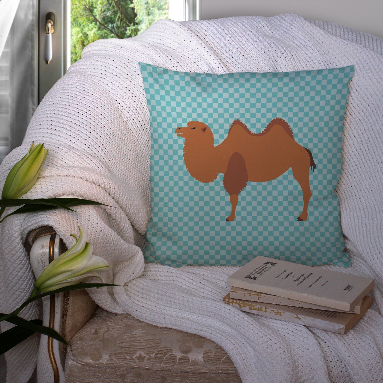 Bactrian Camel Blue Check Decorative Throw Pillow 14x14 Indoor Outdoor Accent Cushion, Fabric Cover with Insert for Sofa, Bed, Porch & Living Room
