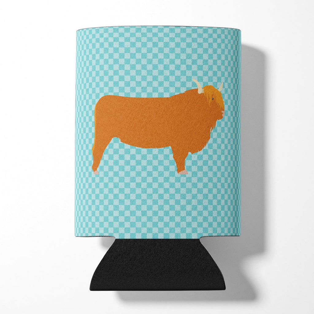 Highland Cow Blue Check Can or Bottle Hugger Cooler Sleeve for Standard 12 oz Cans, Insulated Foam Beer & Soda Can Hugger Reusable
