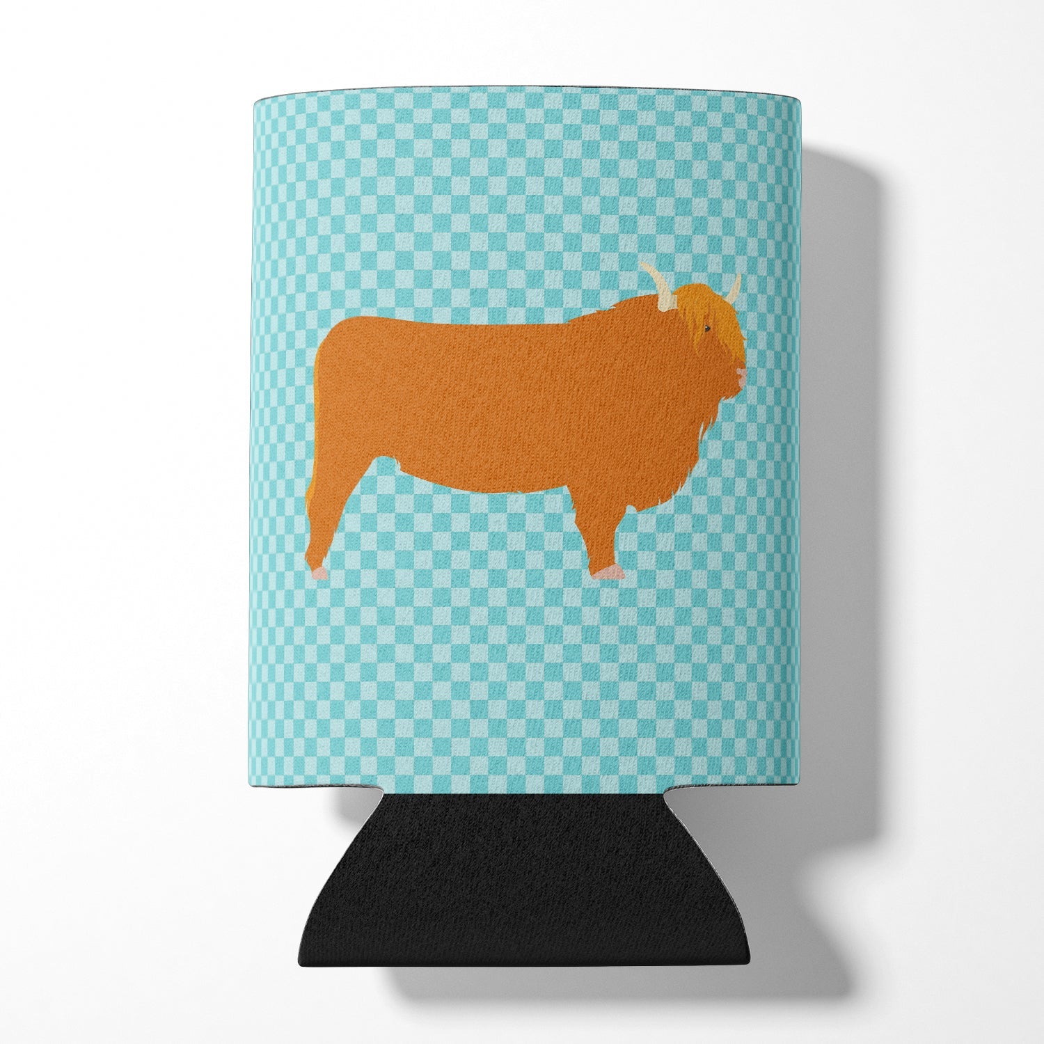Highland Cow Blue Check Can or Bottle Hugger Cooler Sleeve for Standard 12 oz Cans, Insulated Foam Beer & Soda Can Hugger Reusable