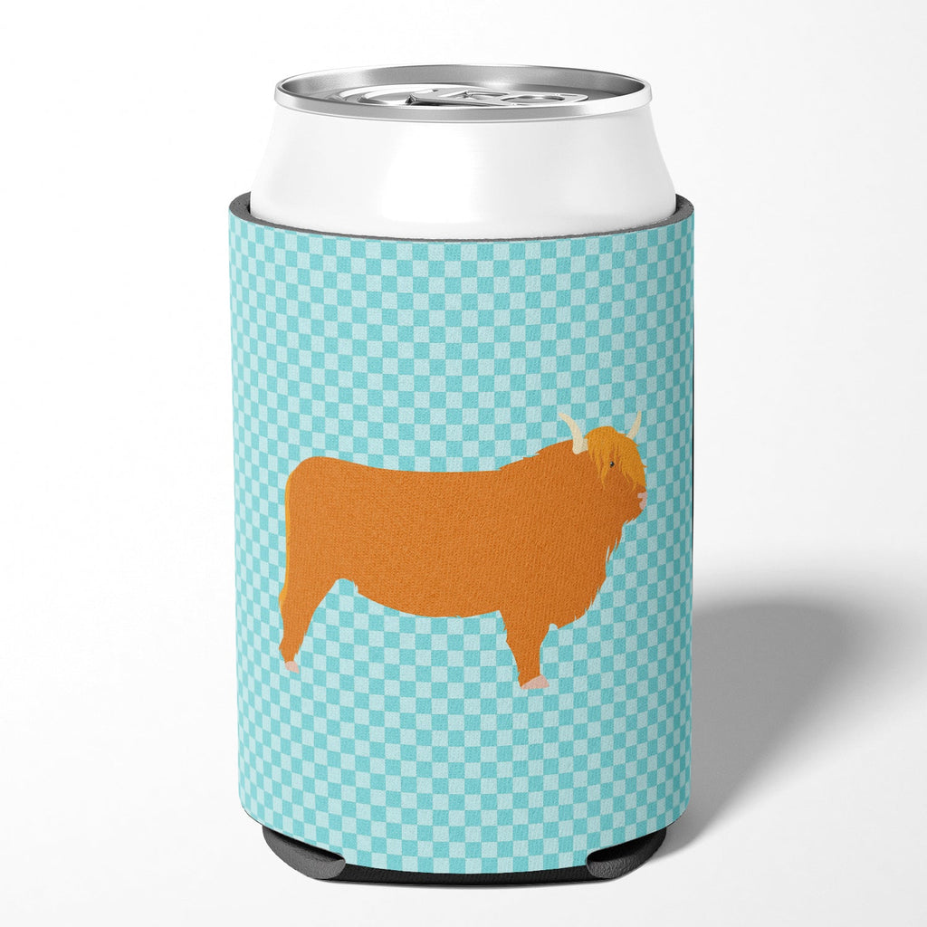 Highland Cow Blue Check Can or Bottle Hugger Cooler Sleeve for Standard 12 oz Cans, Insulated Foam Beer & Soda Can Hugger Reusable