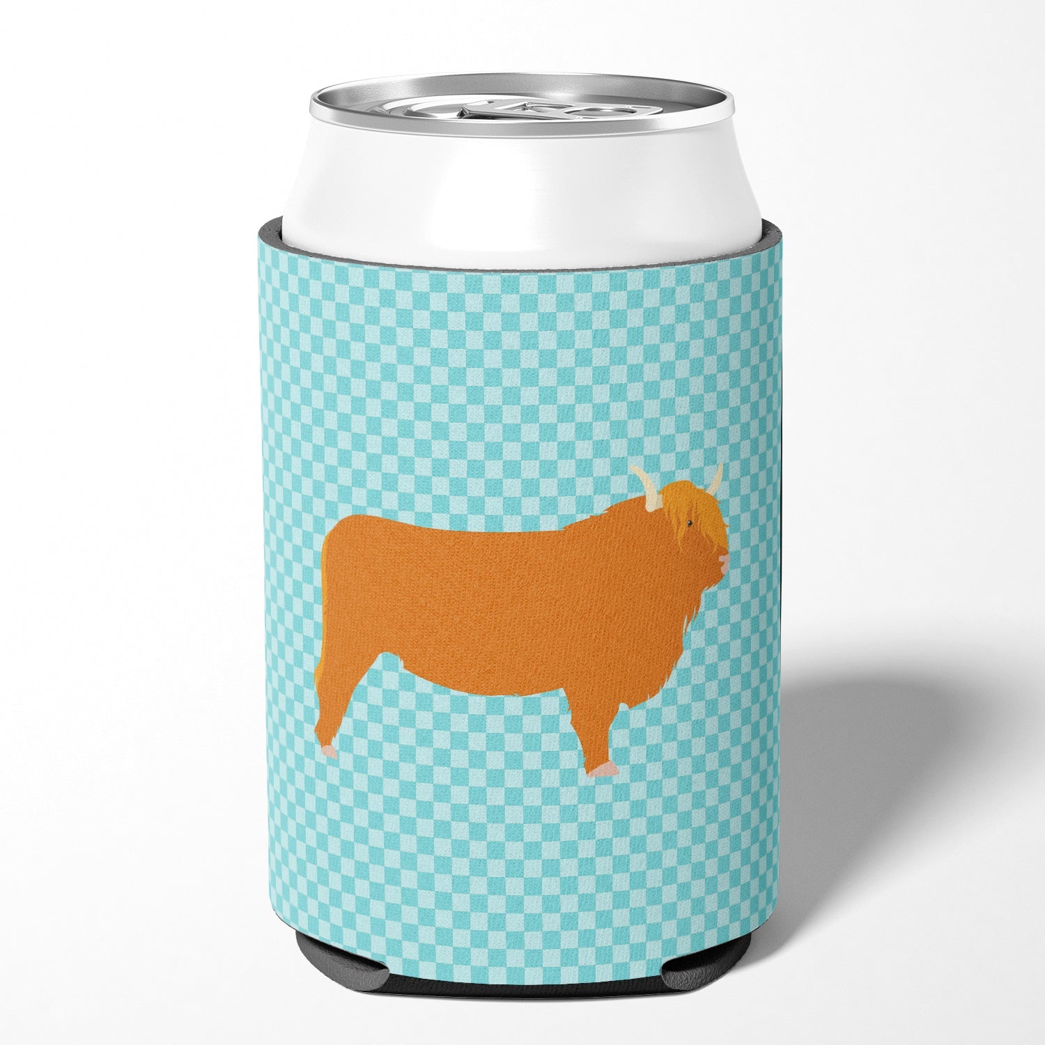 Highland Cow Blue Check Can or Bottle Hugger Cooler Sleeve for Standard 12 oz Cans, Insulated Foam Beer & Soda Can Hugger Reusable