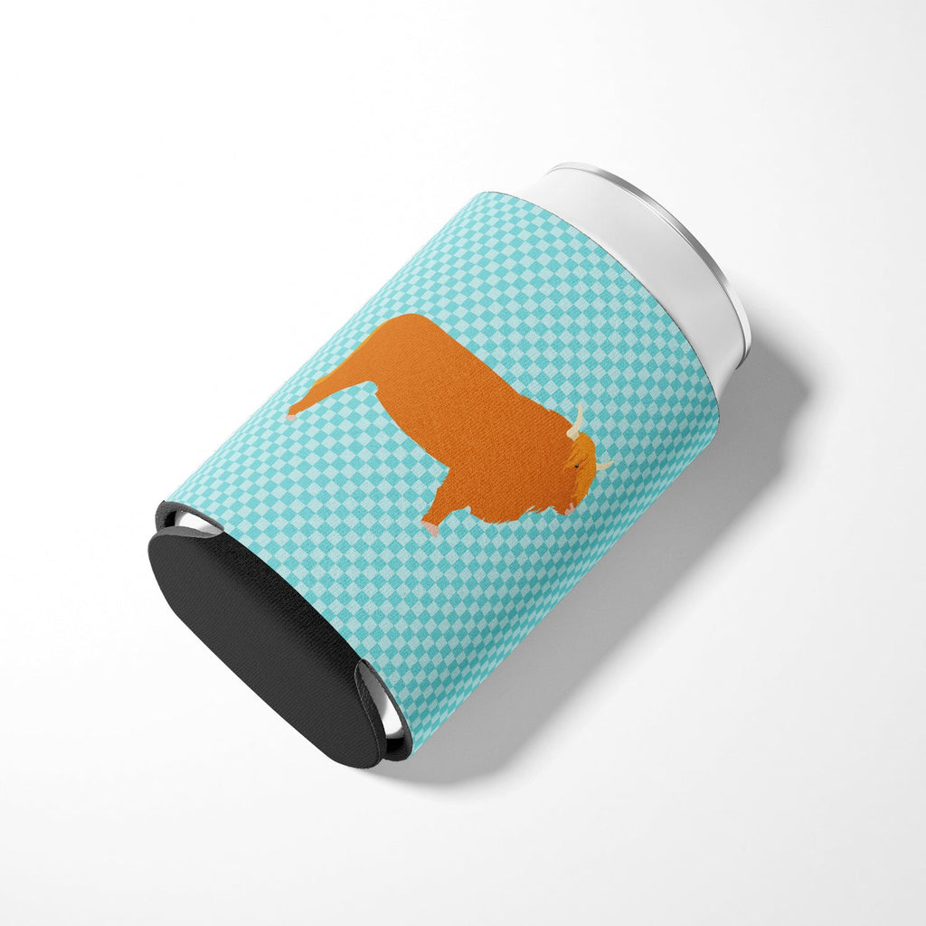 Highland Cow Blue Check Can or Bottle Hugger Cooler Sleeve for Standard 12 oz Cans, Insulated Foam Beer & Soda Can Hugger Reusable