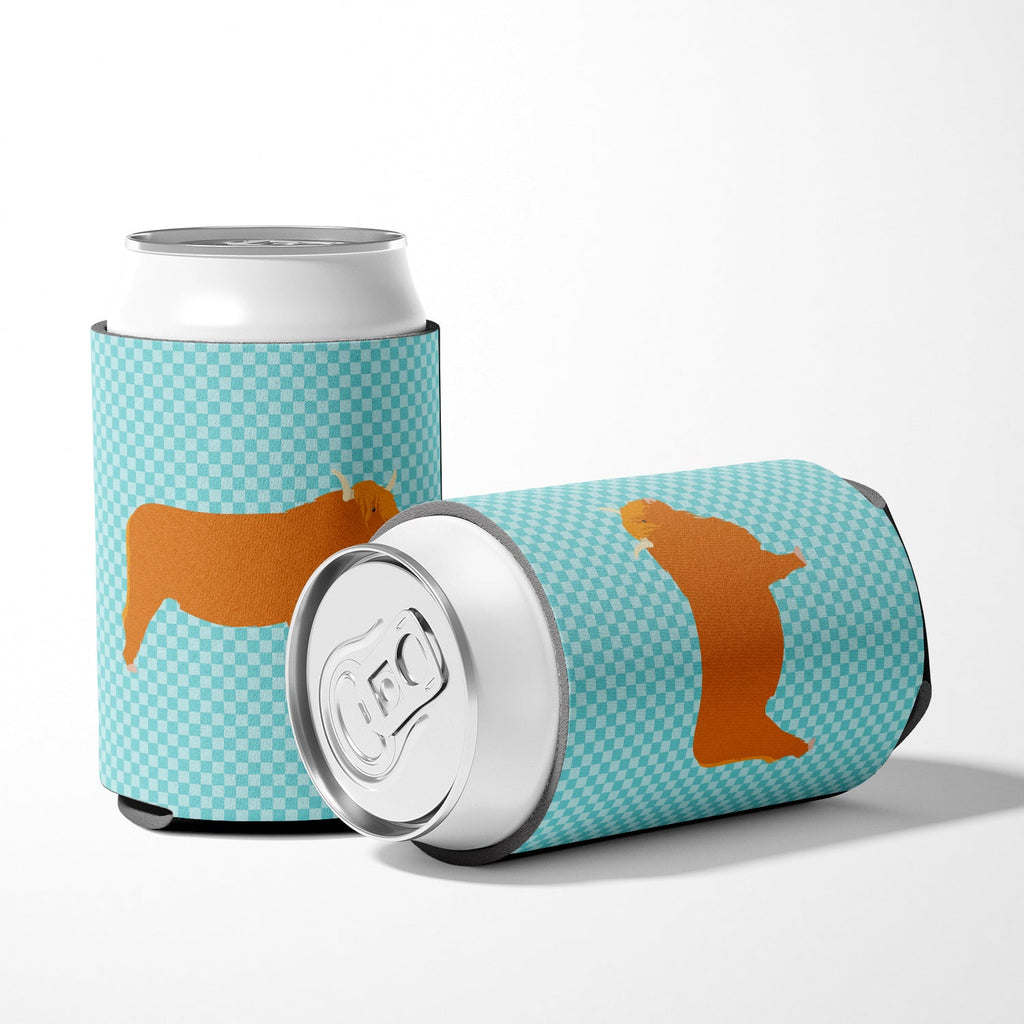 Highland Cow Blue Check Can or Bottle Hugger Cooler Sleeve for Standard 12 oz Cans, Insulated Foam Beer & Soda Can Hugger Reusable