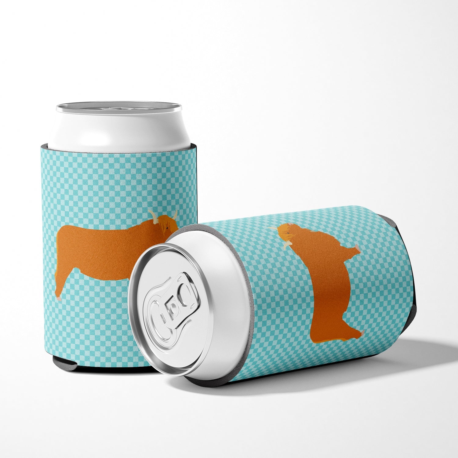Highland Cow Blue Check Can or Bottle Hugger Cooler Sleeve for Standard 12 oz Cans, Insulated Foam Beer & Soda Can Hugger Reusable