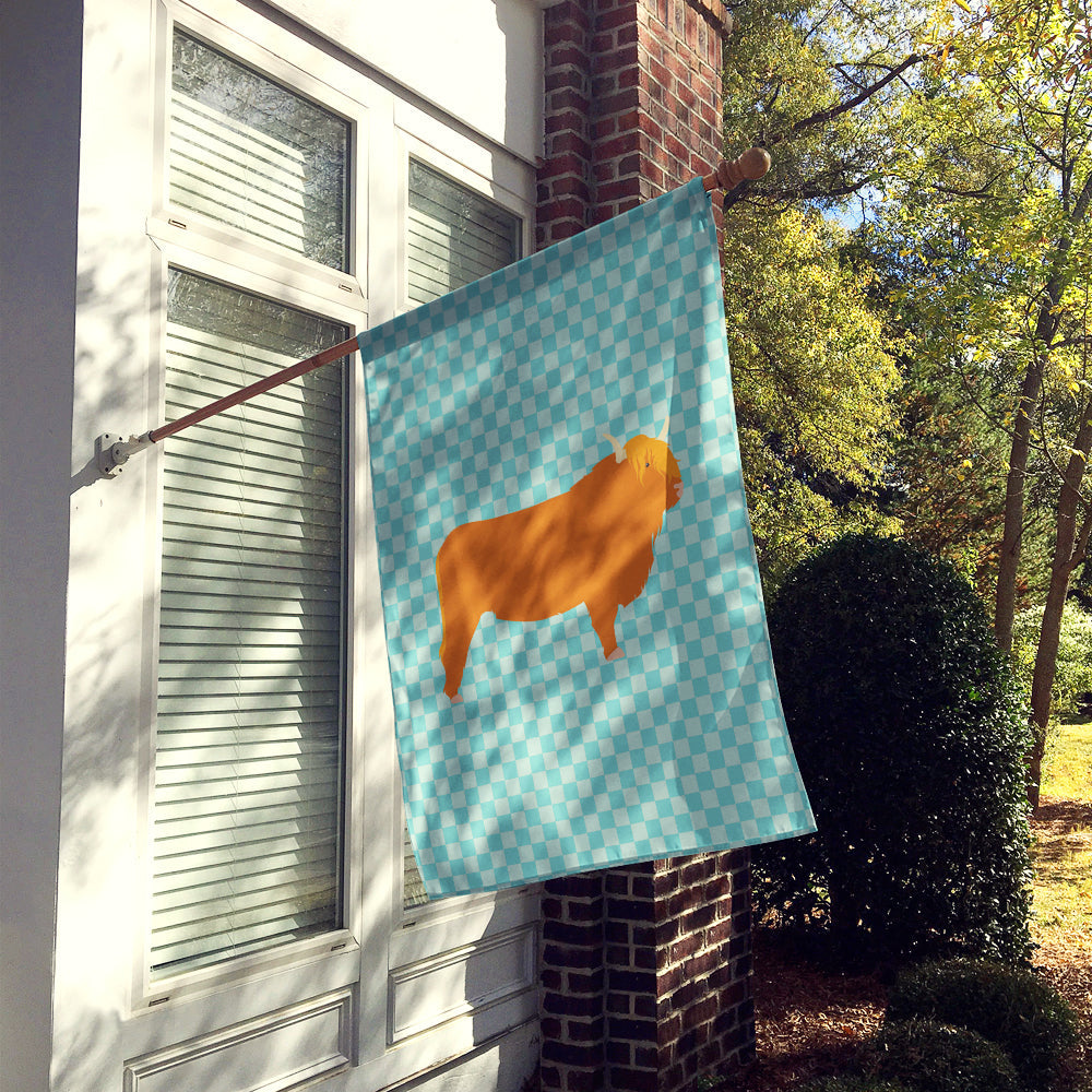 Highland Cow Blue Check House Flag 28x40 Porch Sleeve Pole Decorative Outside Yard Banner Artwork Wall Hanging, Polyester