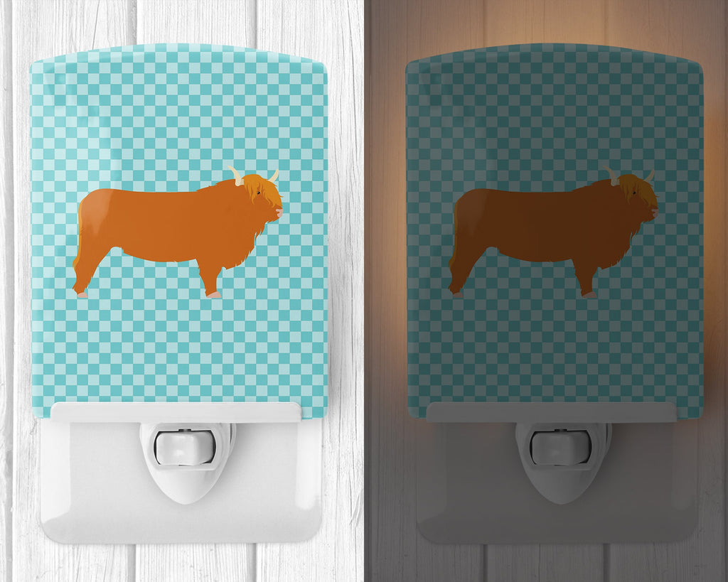 Highland Cow Blue Check Ceramic Night Light Compact, UL-Certified, Ideal for Bedroom, Bathroom, Nursery, Hallway, Kitchen, 6x4x3, Multicolor