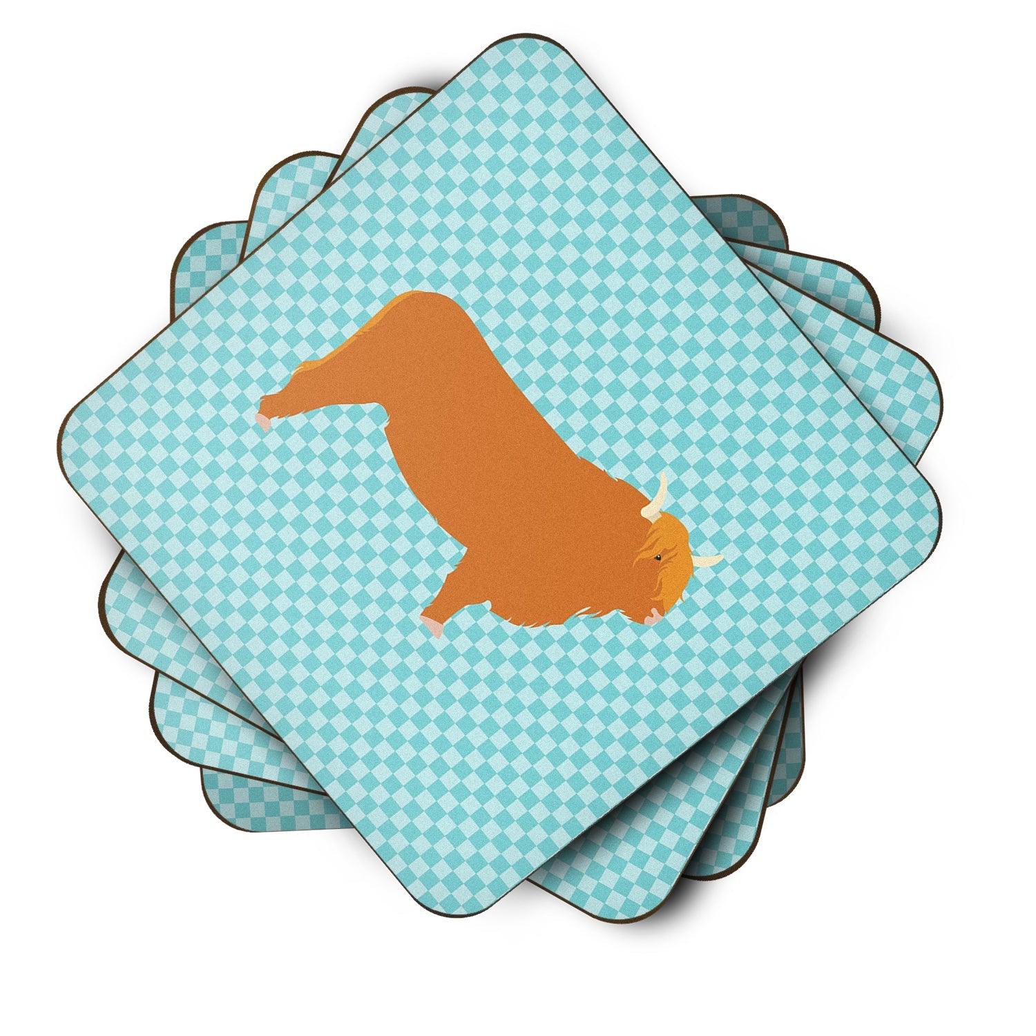 Highland Cow Blue Check Foam Coasters Set of 4 Cup Coasters for Indoor Outdoor, Tabletop Protection, Anti Slip, Mouse pad Material