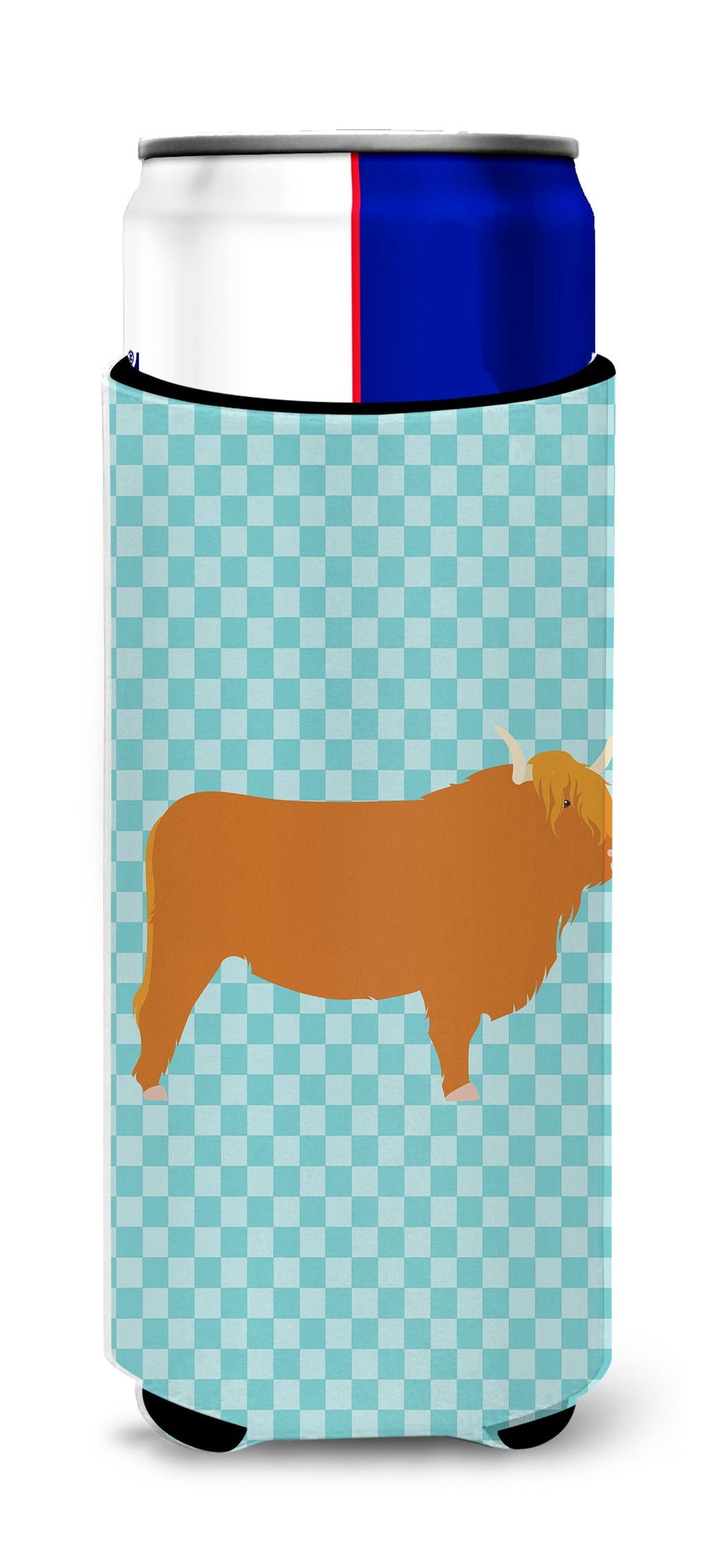 Highland Cow Blue Check Slim Can Hugger , Insulated Foam Hugger for 12 oz Slim Cans, Beer Bottles & Water Bottles, Printed in USA