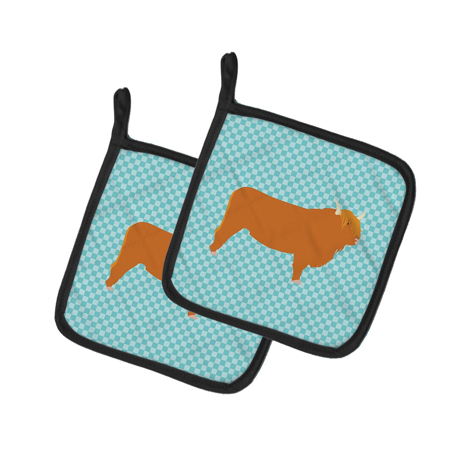 Highland Cow Blue Check Pot Holder Set of 2 Heat Resistant Quilted Hot Pads 7.5 x 7.5 Inch, Insulated Kitchen Trivets for Cooking & Baking