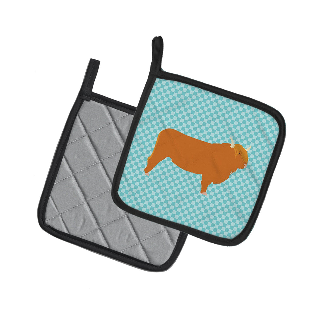 Highland Cow Blue Check Pot Holder Set of 2 Heat Resistant Quilted Hot Pads 7.5 x 7.5 Inch, Insulated Kitchen Trivets for Cooking & Baking