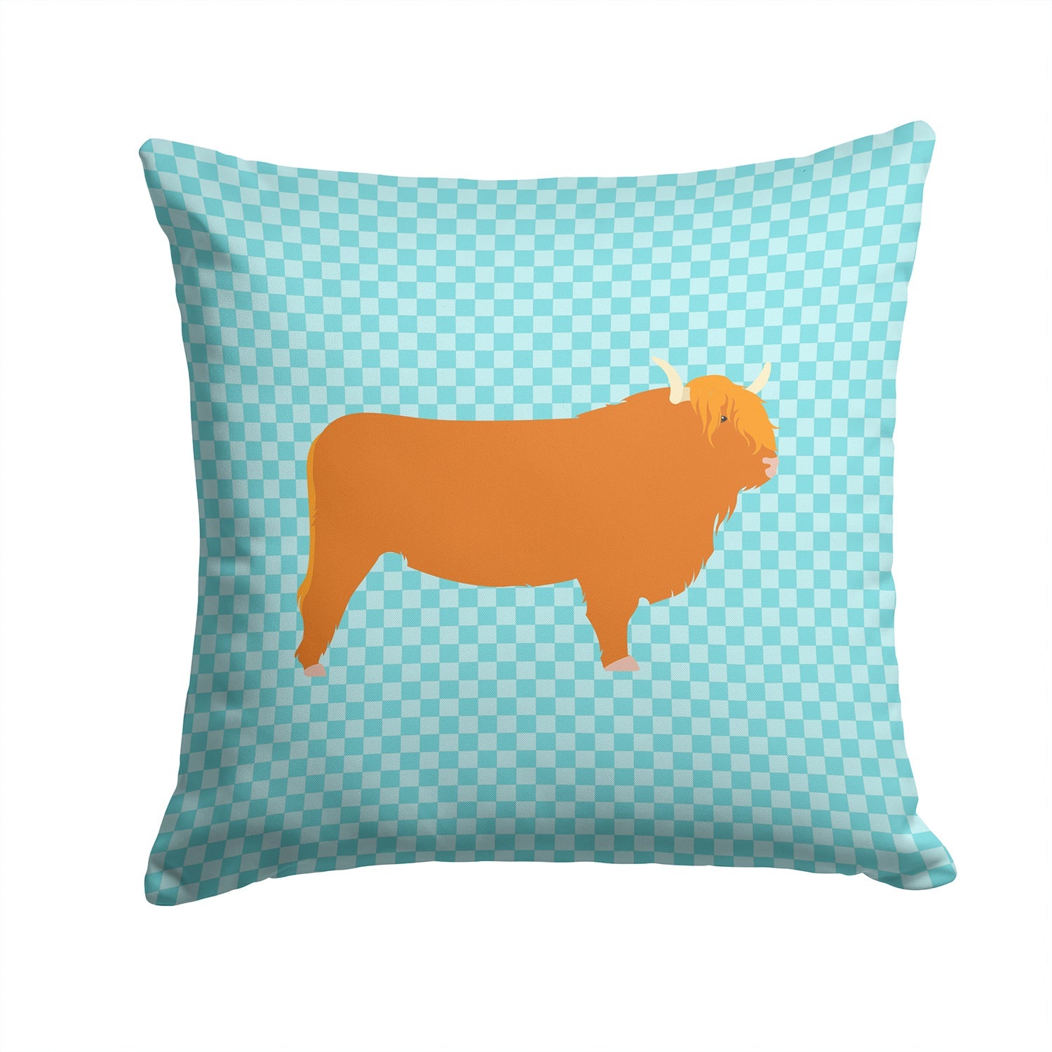 Highland Cow Blue Check Decorative Throw Pillow 14x14 Indoor Outdoor Accent Cushion, Fabric Cover with Insert for Sofa, Bed, Porch & Living Room