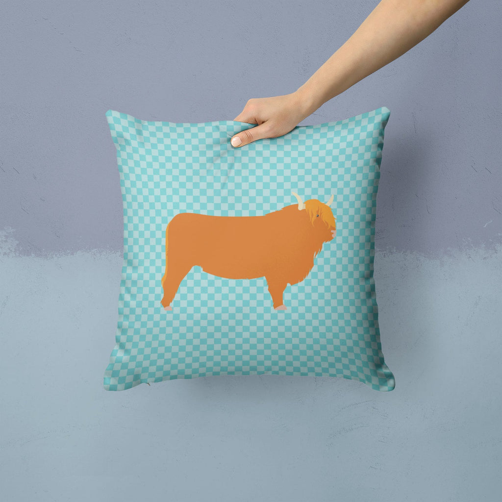 Highland Cow Blue Check Decorative Throw Pillow 14x14 Indoor Outdoor Accent Cushion, Fabric Cover with Insert for Sofa, Bed, Porch & Living Room