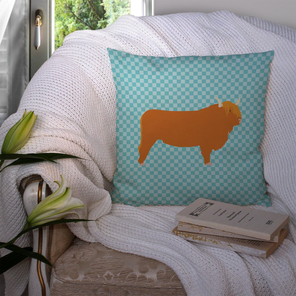 Highland Cow Blue Check Decorative Throw Pillow 14x14 Indoor Outdoor Accent Cushion, Fabric Cover with Insert for Sofa, Bed, Porch & Living Room