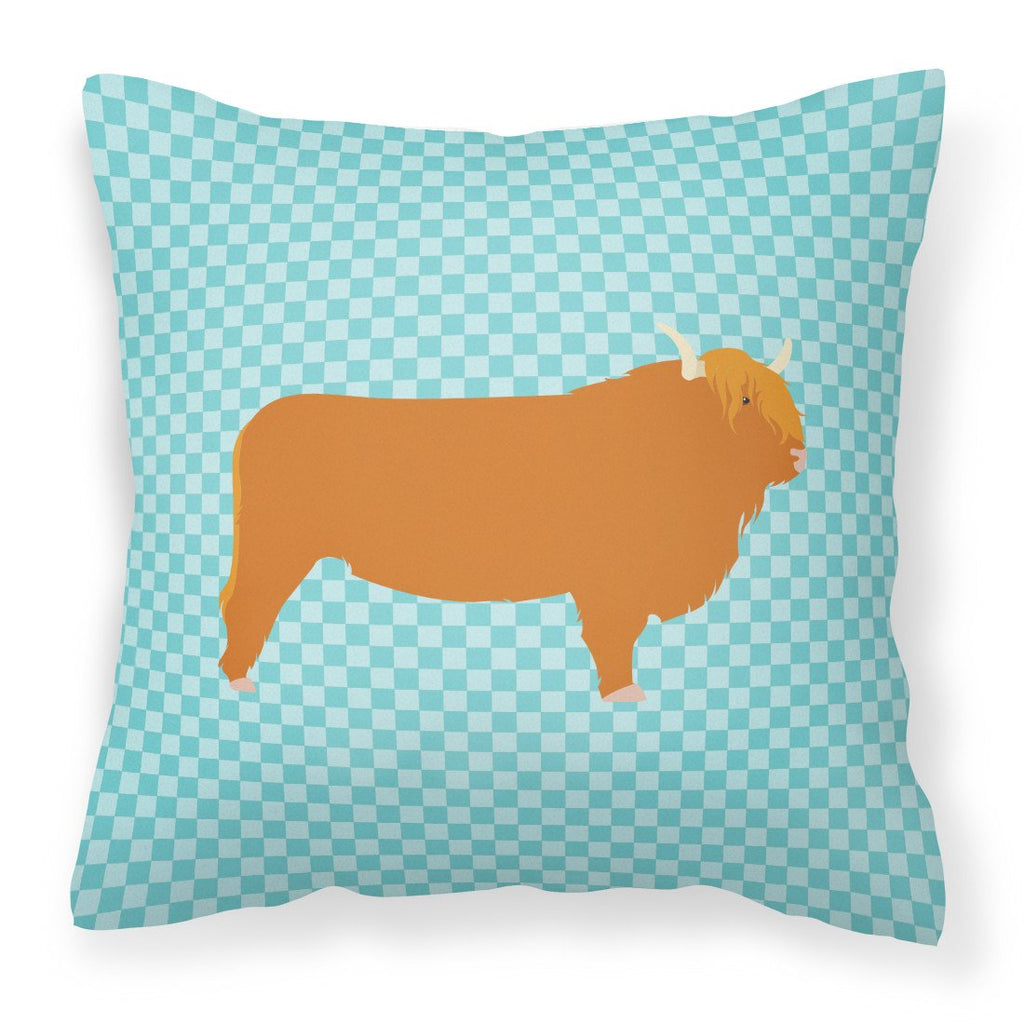 Highland Cow Blue Check Decorative Throw Pillow 18x18 Indoor Outdoor Accent Cushion, Fabric Cover with Insert for Sofa, Bed, Porch & Living Room
