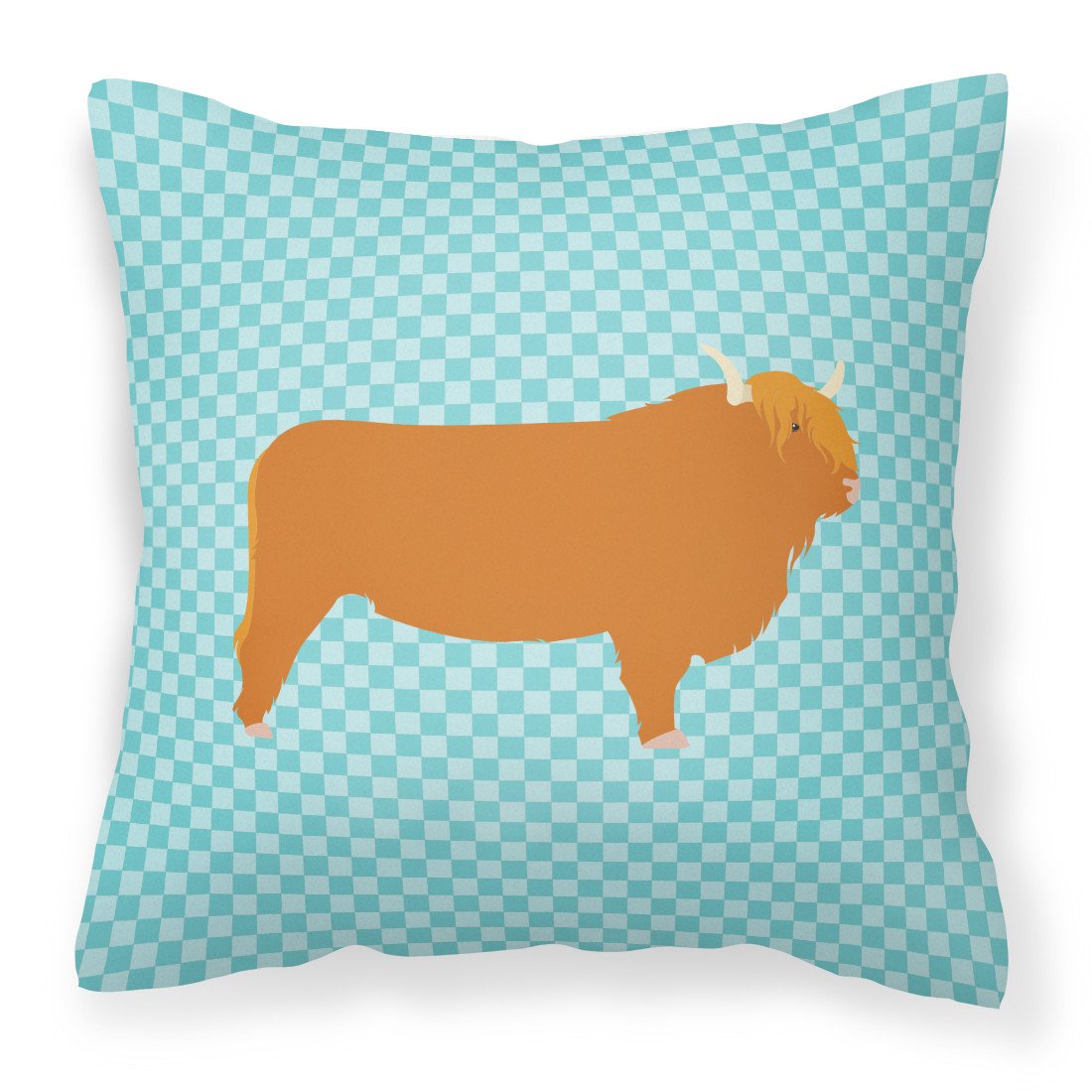 Highland Cow Blue Check Decorative Throw Pillow 18x18 Indoor Outdoor Accent Cushion, Fabric Cover with Insert for Sofa, Bed, Porch & Living Room